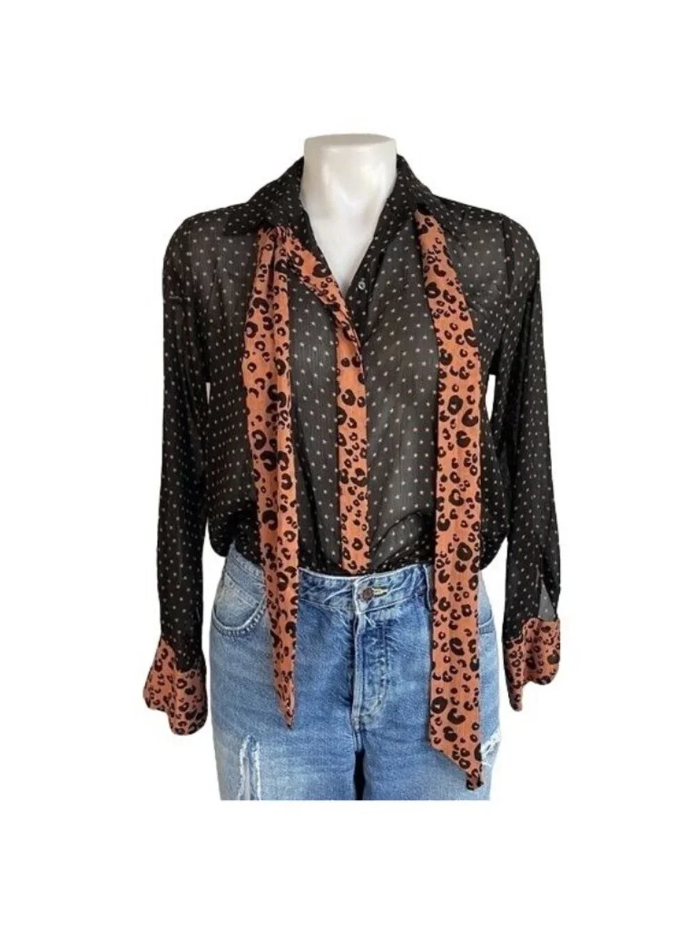 Scotch & Soda Maison Scotch Black Sheer Star Print Blouse With Leopard Print Acc - Picture 2 of 12